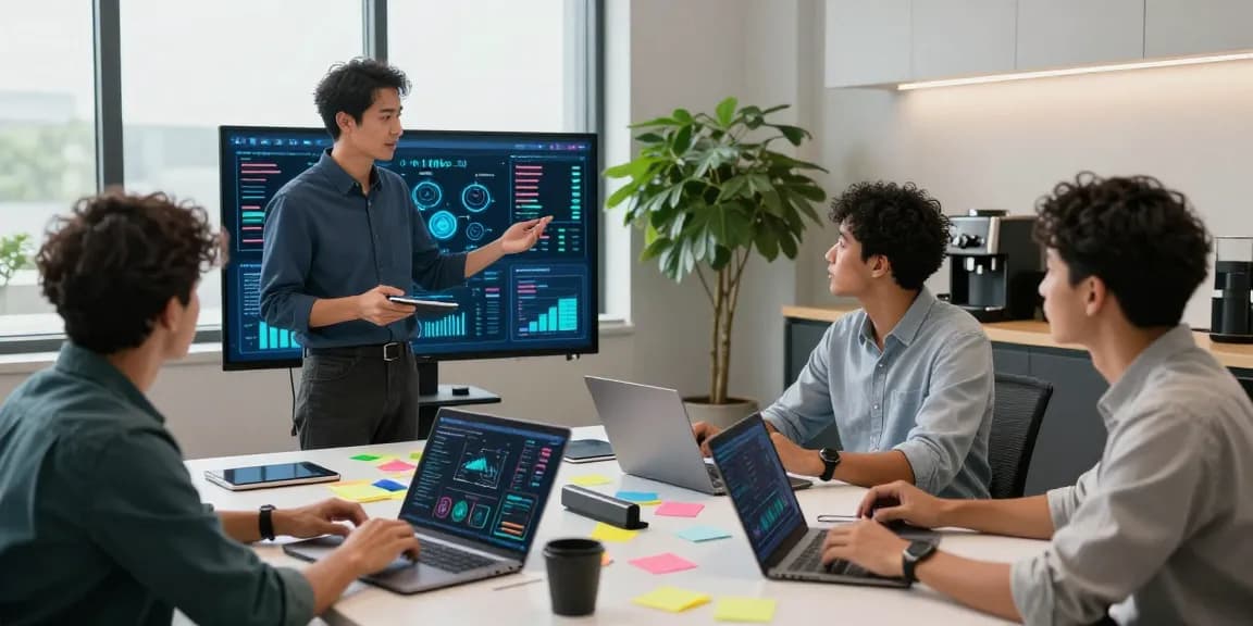 Digital Employee collaborating in a modern office with data analytics.