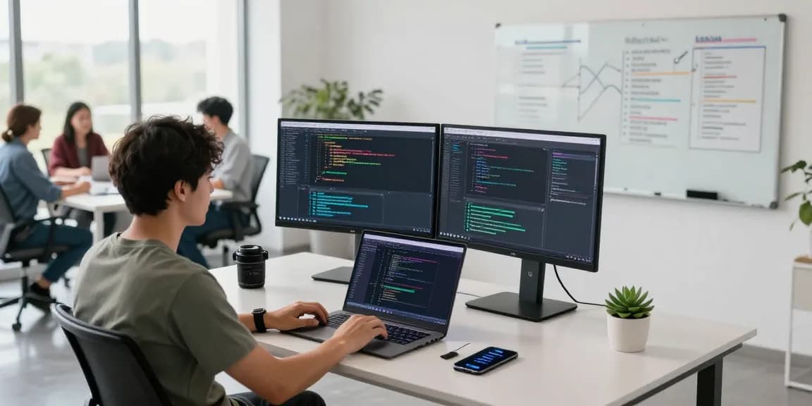 Software engineer engaging in WPS Download at a modern workspace with coding screens.