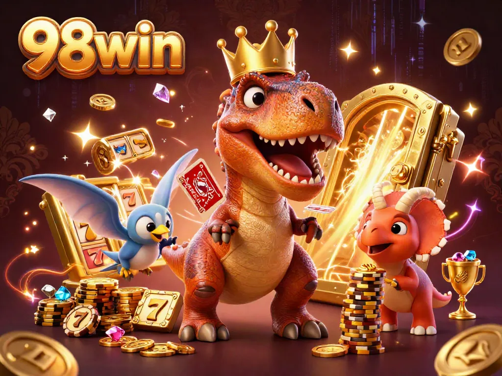 98win's vibrant casino scene showcases a T-Rex shuffling cards while a pterodactyl assists, surrounded by slot reels and gold treasures.