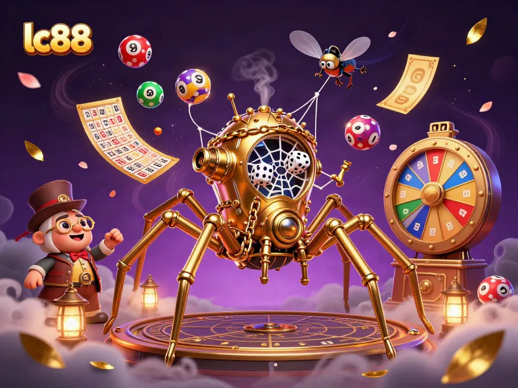 Engage with lc88's vibrant casino world featuring golden spider web and dynamic lottery elements.