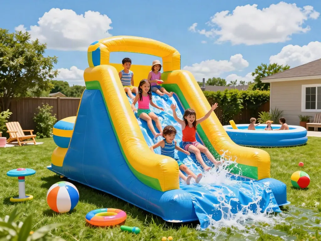 Children having fun on a slide water slide with splashes and pool toys in a sunny backyard.