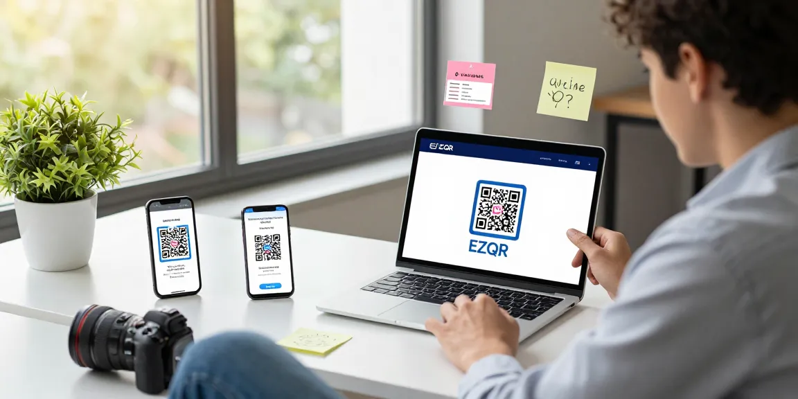 Creating vibrant QR codes with the QR Code Generator Online on a laptop in a lively office.