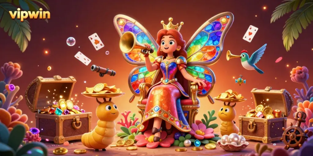 Experience the vibrant world of vipwin with a whimsical 3D illustration detailing a butterfly queen, fish game elements, and symbolically rich casino features.