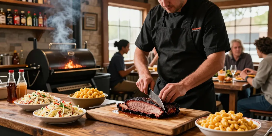 Enjoying barbecue restaurant Alberta's signature smoked brisket served with sides in a cozy kitchen setting.