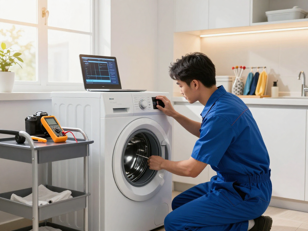 Expert washing machine repair technician diagnosing an appliance issue in a bright laundry room.