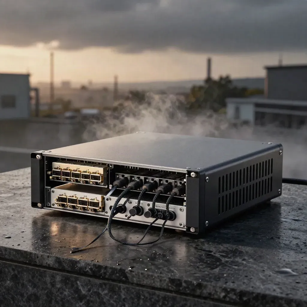 Firewall appliance, fiber leads, SFP modules and SSD trays on wet stone in soft drizzle