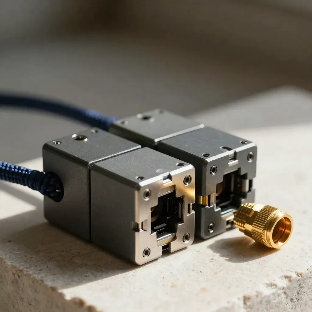Close-up of modular network blocks, a patch cable loop, and a brass adapter on pale stone.