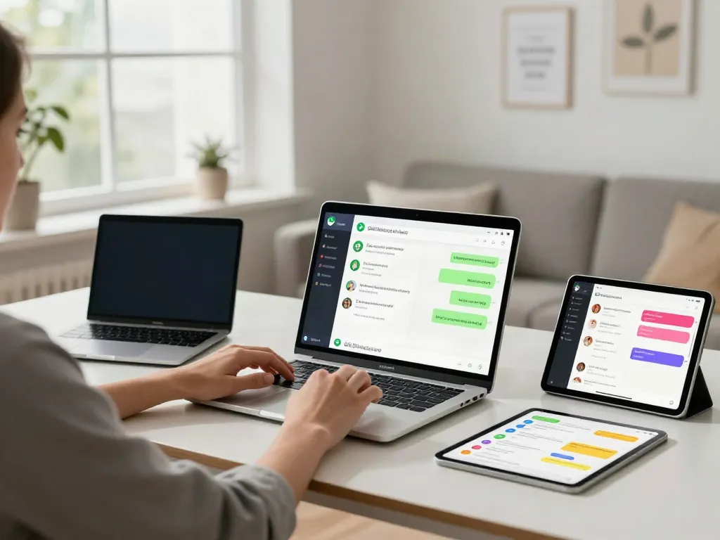 Engaging with GBWhatsApp features on a modern laptop in a bright home office