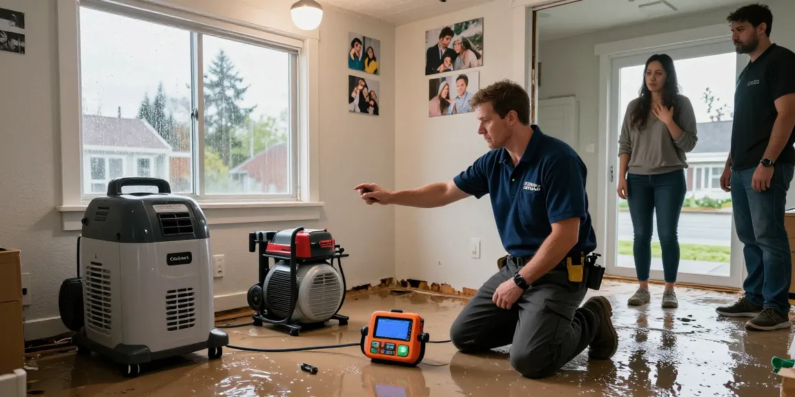 Water Damage Restoration North Vancouver technician assessing flooded basement with advanced equipment during a water emergency.