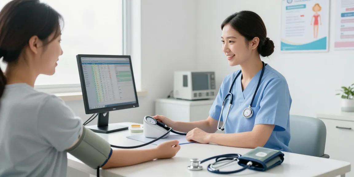 Healthcare professional using a medical sphygmomanometer to measure blood pressure in a welcoming clinical environment.