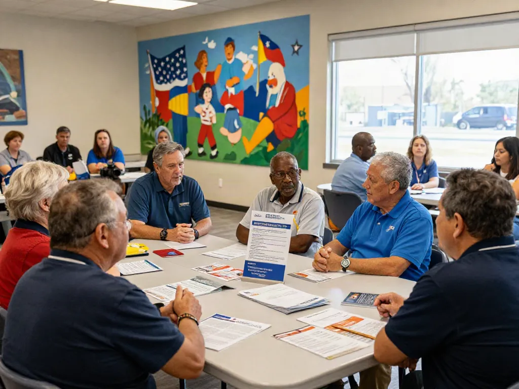Community center veterans discussing veteran advocacy services and resources.