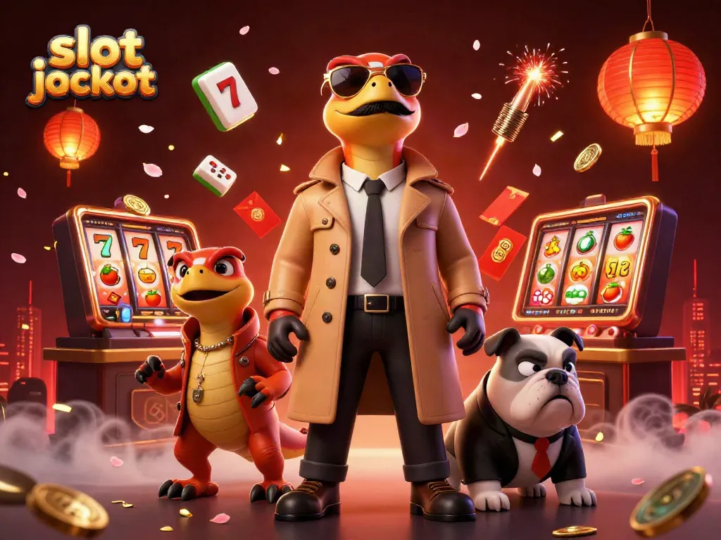 Experience the thrill of the slot jackpot in this colorful casino scene featuring raptors and a bulldog bouncer.