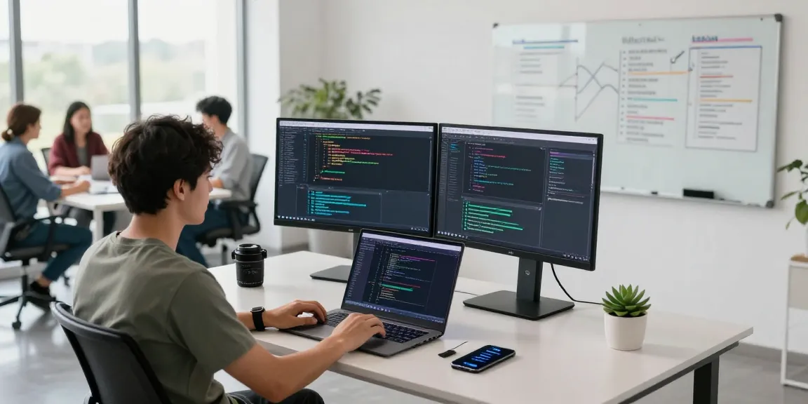 Software engineer engaging in WPS Download at a modern workspace with coding screens.
