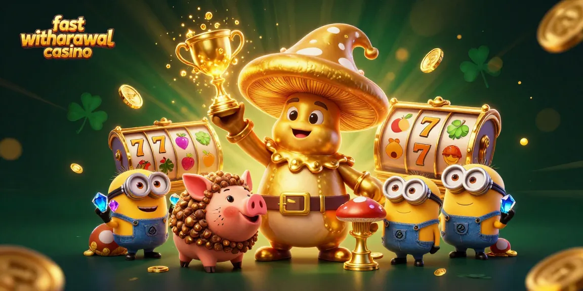 Experience the excitement of a fast withdrawal casino with whimsical characters and spinning slot reels.